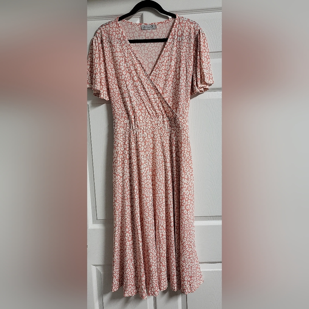 Kissmay-Womens Pink and White Floral Wrap Dress - Size 18W